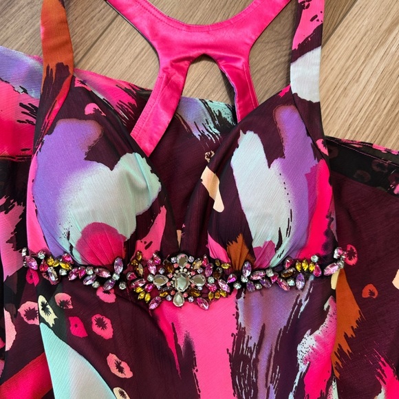 Pink Purple Colorful Abstract Embellished Gown Maxi Prom Dress - Picture 16 of 16